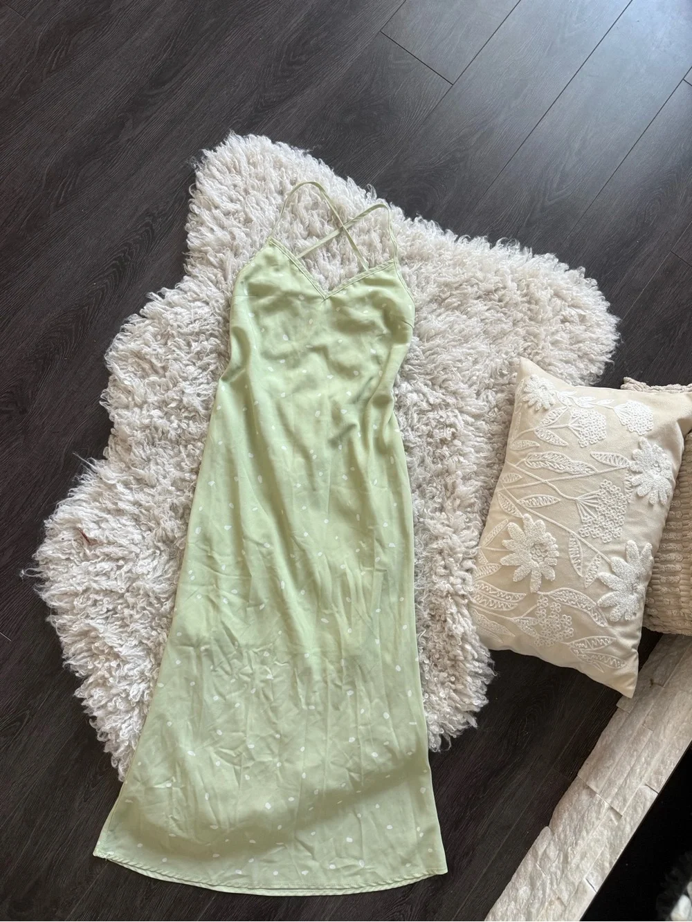 Princess Polly On Cloud Nine Open Back Dress in Sage Green w/ White Polka Dots - Picture 11 of 13